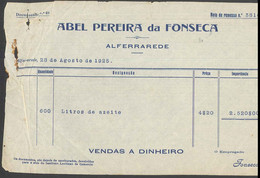 Receipt - Recibo * Portugal * ALFERRAREDE * 1925 * ABEL PEREIRA DA FONSECA - Portogallo