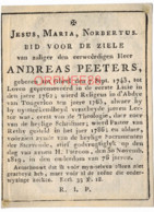 Peeters Andreas, ° Geel 1743, Universiteit Leuven,  Abdij Tongerloo, Pastoor Retie, +1819, Gravure Anversoise Huberti - Overlijden