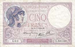 Billet 5 F Violet Du 13-7-1939 FAY 04.01 Alph. X.58149 - 5 F 1917-1940 ''Violet''