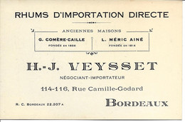 RARE CARTE PUBLICITAIRE ALCOOL RHUMS H.J. VEYSSET BORDEAUX CIRCA 1900 T.B.E V.SCANS - Visiting Cards