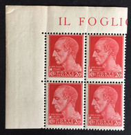 1929 -42 - Italia Regno - Vittorio Emanuele III - Serie Imperiale - Cent 20 - Quartina - Nuovi - A1 - Neufs