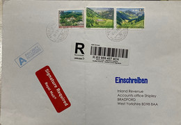 LIECHTENSTEIN 2006, 3 STAMPS USED IN SWITZERLAND REGISTERED!!! INTERESTING SCHAAN CITY CANCELLATION!!! COVER TO ENGLAND - Briefe U. Dokumente