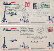 MAROC - CASABLANCA - 1er LIAISON AERIENNE CASABLANCA-PARIS PAR AVION A REACTION LE 20-2-1953 - 2 BELLES ENVELOPPES AFFRA - Poste Aérienne