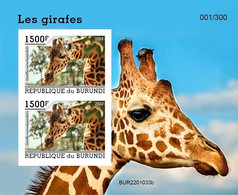 Burundi 2022, Animals, Giraffes III, Block IMPERFORATED - Unused Stamps