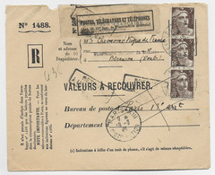 GANDON 3FR BRUNX3 ENVELOPPE VALEURS A RECOUVRER BESANCON 1946 + ETIQUETTE PTT N° 509  + RETOUR AU TARIF - 1945-54 Marianne (Gandon)