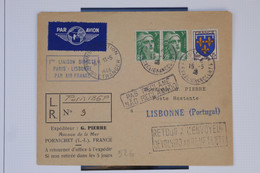 AU17  FRANCE  BELLE LETTRE 1946 IER VOL DIRECT PARIS  LISBONNE PORTUGAL + ++ AFFRANCH. PLAISANT - 1960-.... Cartas & Documentos