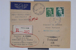 AU17  FRANCE  BELLE LETTRE RECOM.  1946 IER VOL  PARIS MANCHESTER  ++ AFFRANCH. PLAISANT - 1960-.... Lettres & Documents