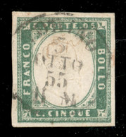Antichi Stati Italiani - Sardegna - 1855 - 5 Cent Verde Giallo (13a) - Ben Marginato - Usato - Sorani + Cert. Oro Raybau - Autres & Non Classés
