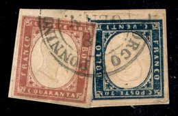 Antichi Stati Italiani - Sardegna - 1860 - 40 Cent Rosa Lilla Scurissimo (16Cg) + 20 Cent (15C) Su Frammento - Raro - Ce - Autres & Non Classés