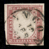 Antichi Stati Italiani - Sardegna - 1860 - 40 Cent Rosa Lilla Scuro (16Cf) - Usato - Molto Raro - Cert. Sorani (35.000++ - Autres & Non Classés