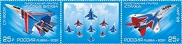 Russia 2021 Aerobatic Military Aircraft Strip Of 2 Stamps With Label Mint - Neufs