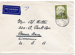 58669 - Bund - 1957 - 1DM Heuss I EF A LpBf FREIBURG -> Beaver Dam, WI (USA) - Cartas & Documentos