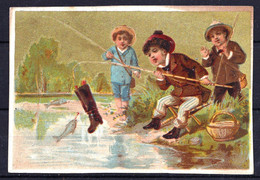 RARE ! CHROMO Doré - Guilded Chromo - Enfant à La Pêche - Pecher - Child Fishing - Catching Boot - Autres & Non Classés