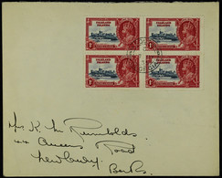 SOUTH GEORGIA 1935 (7 May) Neat Envelope To GB, Bearing Silver Jubilee 1d Block Of Four, Cancelled Type SG1 Upright Firs - Falkland Islands