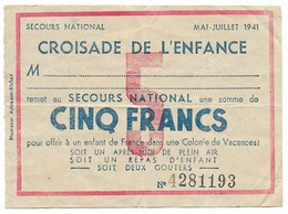 5 Francs - Secours National, Mai - Juillet 1941 - Sonstige & Ohne Zuordnung