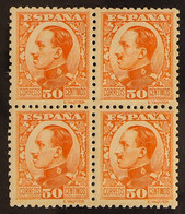 1930 King Alfonso XIII 50c Orange (Edifil 498, Mi 570, Sc 414, SG 592), Never Hinged Mint BLOCK OF FOUR. Lovely! - Other & Unclassified