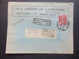 Frankreich 1927 Säerin Aux Jardins Du Languedoc Stempel Ra2 Retour A L'Envoyeur Imprimes A.2 Und Adresse Incomplete - 1906-38 Säerin, Untergrund Glatt