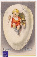 Jenny Nyström PETITE CPA Suède Pâques 1935 Oeuf Géant Fille Chien Chiot Teckel ? Giant Egg Postcard Easter Sweden A72-6 - Pascua