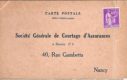 TYPE PAIX N° 281 SUR CP COMMERCIALE EN PORT PAYE PAR AVANCE DES ETS STE Gale DE COURTAGE D'ASSURANCE/NANCY - 1932-39 Peace