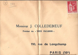 TYPE PAIX N° 283 SUR LETTRE EN PORT PAYE PAR AVANCE "M. COLLEDEBOEUF / PRESIDENT DES VIEUX MACARONS / PARIS" - 1932-39 Peace