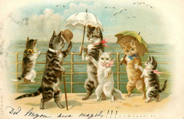 Chats Humanisés * CPA Illustrateur * Famille Bord De Mer Ombrelle Mode * Chat Cat Cats Katze Humanisé - Cats