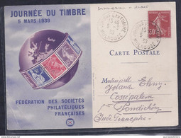 Carte Federale Journee Du Timbre 1939 Mulhouse Semeuse Voyagée Pour Pondichery Inde - Cartas