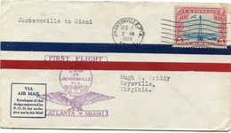 ETATS-UNIS LETTRE PAR AVION AVEC CACHET " FIRST FLIGHT C.A.M. JACKSONVILLE FLA. DEC. 1. 1928 ATLANTA - MIAMI ".......... - 1c. 1918-1940 Storia Postale