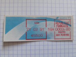 Gien 45500 - 21-03-91 - G03 PC45155 Tarif 3.80 - Vignette à L'envers - 1988 « Comète »