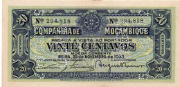 Portuguese Mozambique Company 20 Centavos 1933 P-R29 UNC Beira (perforato.. Pago 5/11/1942) RARA - Mozambique