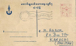BURMA 1 OLD POSTCARD TO PAKISTAN. - Myanmar (Burma 1948-...)