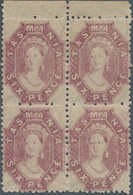 Tasmania: 1865/1871, QV 6d. Reddish Mauve, Perf. 12, Top Marginal Block Of Four, - Covers & Documents