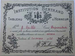 Haute Garonne - Toulouse - Institution Bertrand - Tableau D'Honneur - Carte De Mérite Et Bonne Conduite - 30 Mars 1935 - Diploma & School Reports