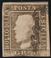 1 Gr. I Tav. II Stato Bruno Olivastro Pos.23 Usato Raro Periziato - Sassone N.3d - Sicilië