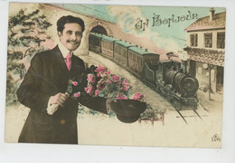 HOMMES - Jolie Carte Fantaisie Homme Avec Bouquet De Fleurs Et Train Entrant En Gare "Un Bonjour " - Hombres