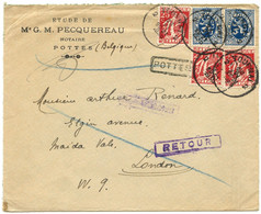 BELGIQUE - COB 285X2+339X3 SIMPLE CERCLE TOURNAI + POTTES SUR LETTRE POUR LONDRES, 1935 - Ambulanti