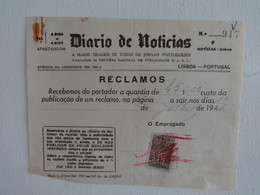 1946 Portugal "Diario De Noticias" Recibo Receipt With Tax Stamp - Portugal