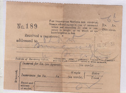 British India Used Registered Ack., Slip 1931 - Otros & Sin Clasificación