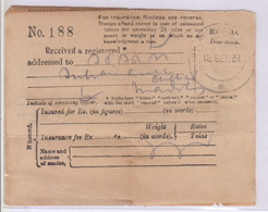 British India Used Registered Ack., Slip 1931 - Other & Unclassified