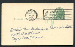 UX39 S56-2 Postal Card Used Nashville TN To Cape Cod MA 1952 Cat. $11.00 - 1941-60