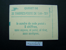 2219-C2 CONF. 8 CARNET NUMEROTE FERME 20 TIMBRES LIBERTE DE GANDON 1,60 VERT CODE POSTAL - Non Classificati