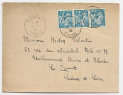 IRIS 1FR TURQUOISE BANDE DE 3 LETTRE PONTARION 3.2.1946 CREUSE AU TARIF - 1939-44 Iris