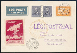 1933 Légiposta Levelezőlap Pécsről Jamboree Levélzáróval és Sárga Alkalmi Bélyegzéssel "MÁTYÁSFÖLD / REPÜLŐTÉR" - Gödöll - Unclassified