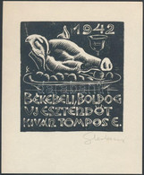 Sterbenz Károly (1901-1993): Ex Libris, Békebeli Boldog új Esztendőt 1942! Fametszet, Papír, Jelzett, 6,5×6 Cm - Other & Unclassified