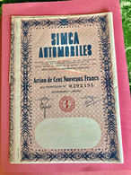 S.A.  SIMCA  AUTOMOBILES  -------------  Action  De  100  Nouveaux  Francs - Cars