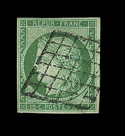 O EMISSION CERES 1849 - O - N°2 - 15c Vert - Signé Calves / Brun - Obl. Grille - TB - 1849-1850 Cérès