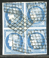 O EMISSION CERES 1849 - O - N°4 - 25c Bleu - Bloc De 4 - Obl. Grille - 2ex. Au Filet - 1ex. Froissure B/TB - 1849-1850 Ceres