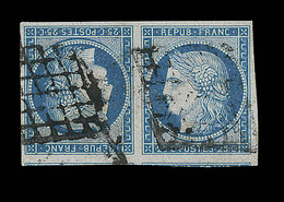 O EMISSION CERES 1849 - O - N°4c - 25c Bleu - Tête-Bêche - Obl. Grille - Certif. Scheller - TB - 1849-1850 Ceres