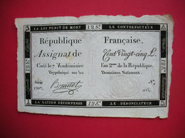 1793 Assignat 125 Livres 7 Vendémiaire An 2 République Révolution Française Brunet La Loi Punit De Mort Contrefacteur - Assignate
