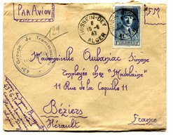 RC 22975 ALGERIE 1942 HUSSEN DEY 43e GROUPE DE TRANSMISSIONS LETTRE EN FM PAR AVION POUR BEZIERS FRANCE - Lettres & Documents