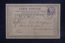 FRANCE - Cérès 10ct , étoile 15 Sur Carte Précurseur De Paris Pour Paris En 1873 - L 121790 - Precursor Cards